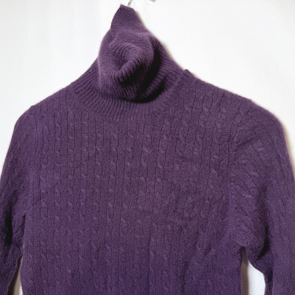 Tweed Purple 100% 2-Ply Cashmere Cable Knit Turtleneck Sweater Womens Large